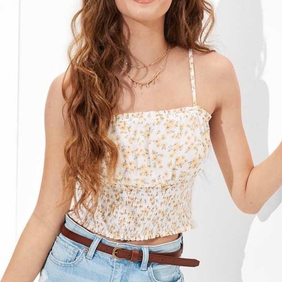 American Eagle Floral Smocked Crop Top - White and Yellow Womans Size Small - Picture 1 of 6